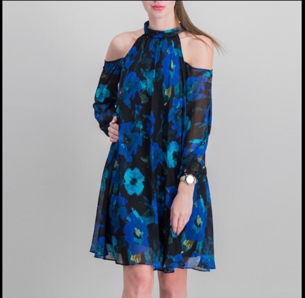 Karl Lagerfeld Paris Dress 12 NWT Blue Floral Cold Shoulder Back Tie Knee Length